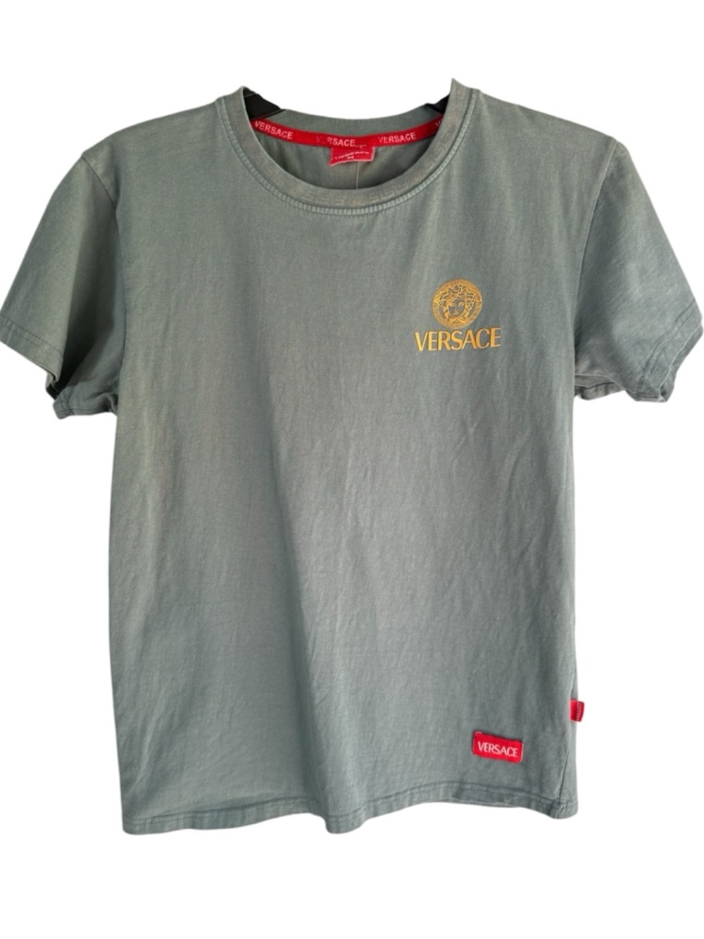 Versace Sage Green Tee with Gold Medusa Logo